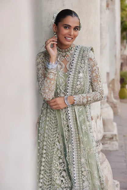 Afrozeh Dastangoi Wedding Formals Nigar– Mint Green Pakistani Dress with intricate embroidery and embellishments. Shop elegant Asian dresses at Maria Faisal.