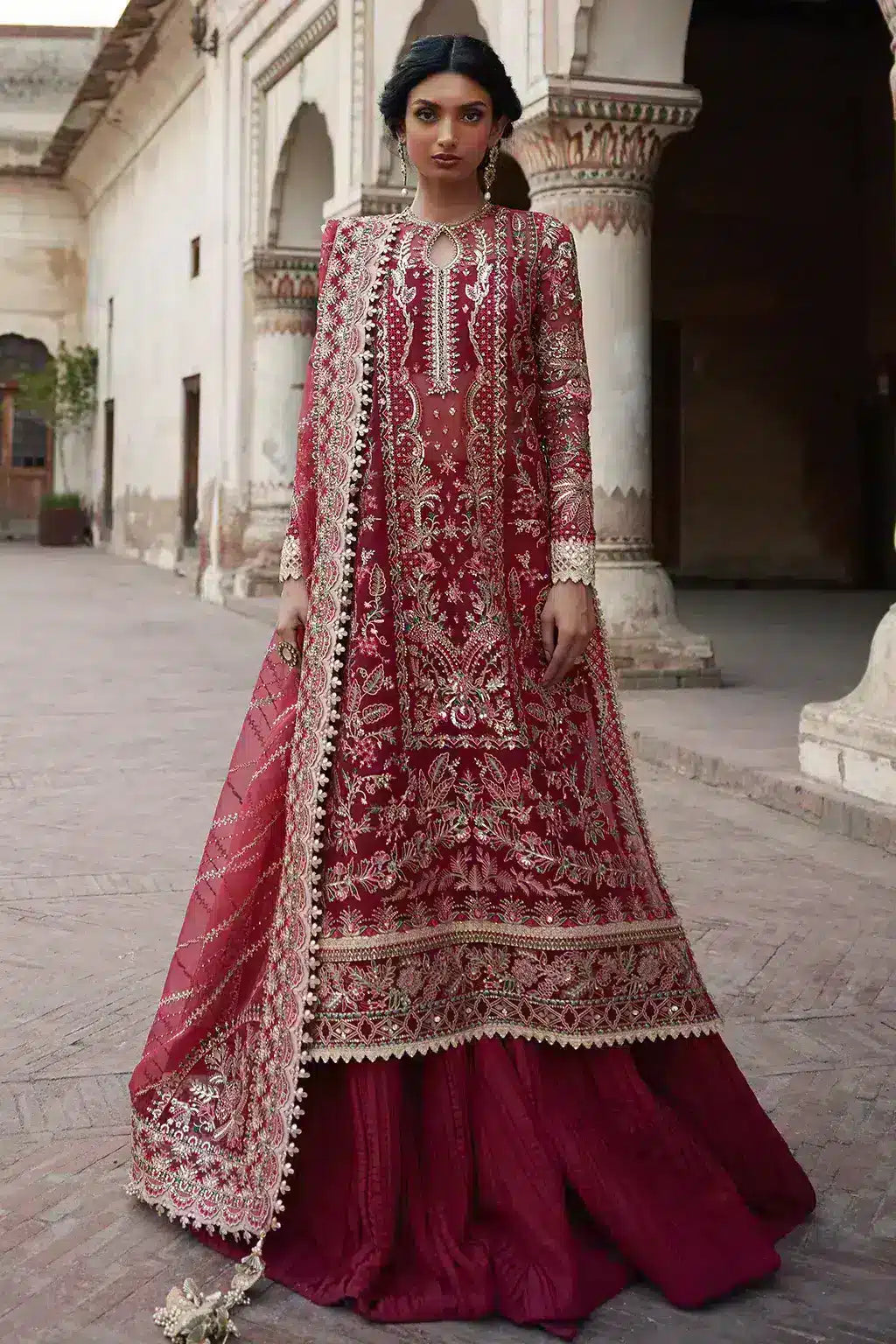 Afrozeh Dastangoi Wedding Formals Noor Jehan – Maroon Orange Pakistani Dress with intricate embroidery and embellishments. Shop elegant Asian dresses at Maria Faisal.