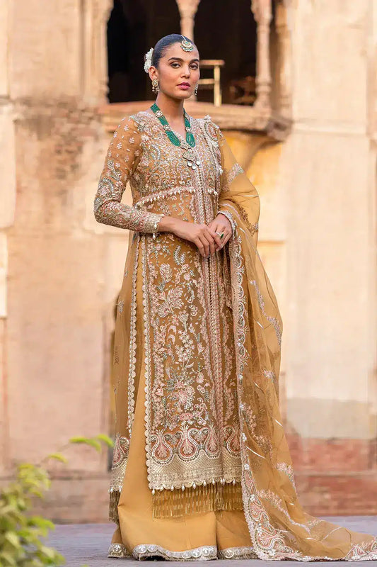 Afrozeh Dastangoi Wedding Formals Shafaq – Mustard Orange Pakistani Dress with intricate embroidery and embellishments. Shop elegant Asian dresses at Maria Faisal.