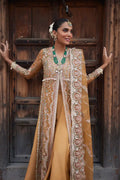 Afrozeh Dastangoi Wedding Formals Shafaq – Mustard Orange Pakistani Dress with intricate embroidery and embellishments. Shop elegant Asian dresses at Maria Faisal.