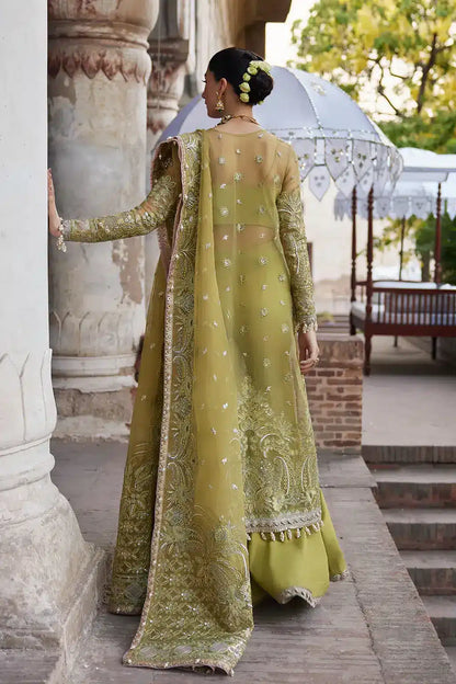 Afrozeh Dastangoi Wedding Formals Shehnaz – Green Pakistani Dress with intricate embroidery and embellishments. Shop elegant Asian dresses at Maria Faisal.