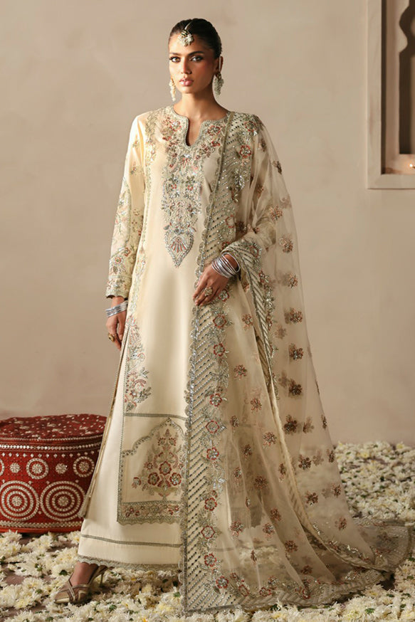 Afrozeh Divani Silk Edit 24 Arjumand – Off White Pakistani Dress with intricate embroidery and embellishments. Shop elegant Asian dresses at Maria Faisal.