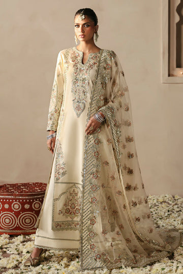 Afrozeh Divani Silk Edit 24 Arjumand – Off White Pakistani Dress with intricate embroidery and embellishments. Shop elegant Asian dresses at Maria Faisal.