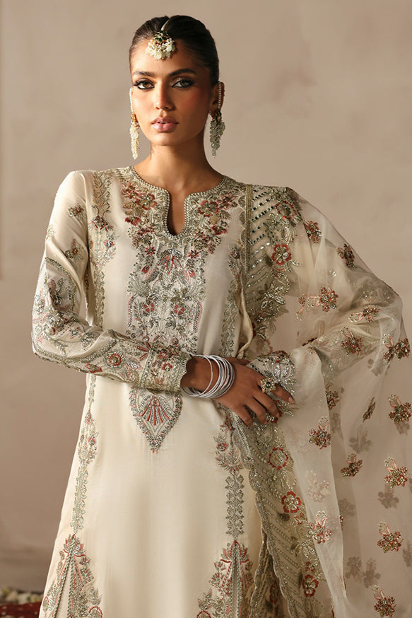 Afrozeh Divani Silk Edit 24 Arjumand – Off White Pakistani Dress with intricate embroidery and embellishments. Shop elegant Asian dresses at Maria Faisal.