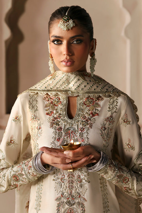 Afrozeh Divani Silk Edit 24 Arjumand – Off White Pakistani Dress with intricate embroidery and embellishments. Shop elegant Asian dresses at Maria Faisal.