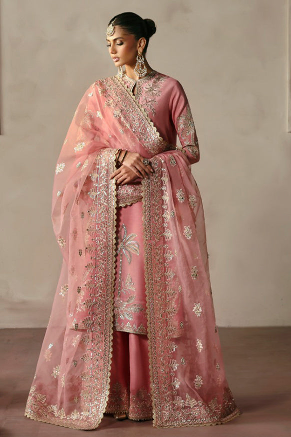 Afrozeh Divani Silk Edit 24 Gulrukh – Powder Pink Pakistani Dress with intricate embroidery and embellishments. Shop elegant Asian dresses at Maria Faisal.