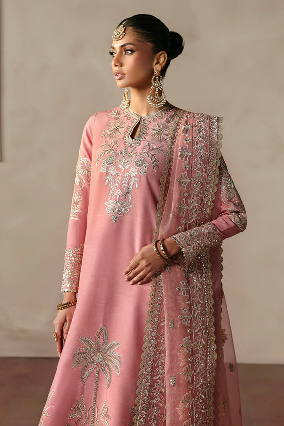 Afrozeh Divani Silk Edit 24 Gulrukh – Powder Pink Pakistani Dress with intricate embroidery and embellishments. Shop elegant Asian dresses at Maria Faisal.