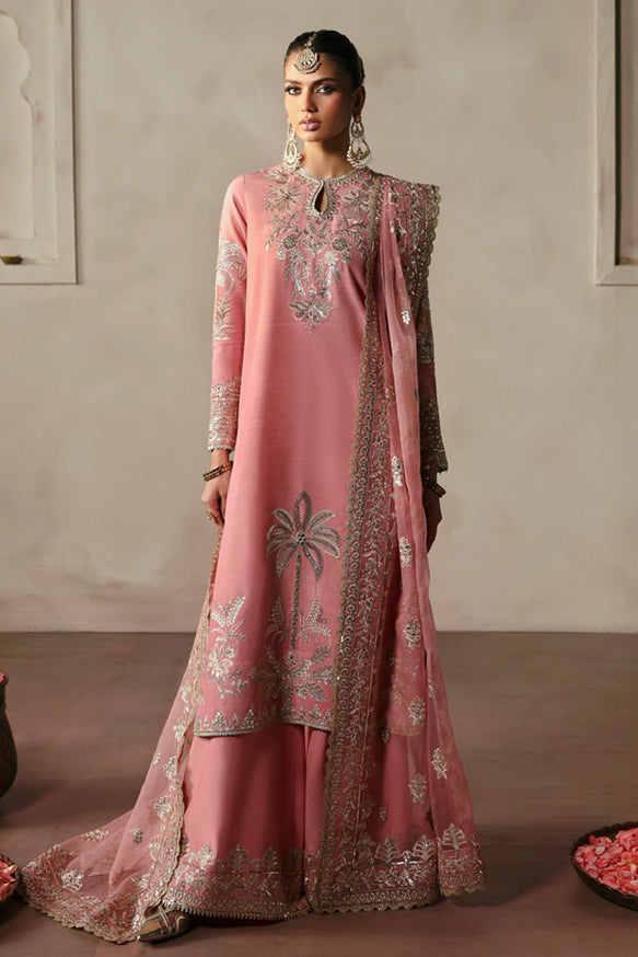 Afrozeh Divani Silk Edit 24 Gulrukh – Powder Pink Pakistani Dress with intricate embroidery and embellishments. Shop elegant Asian dresses at Maria Faisal.