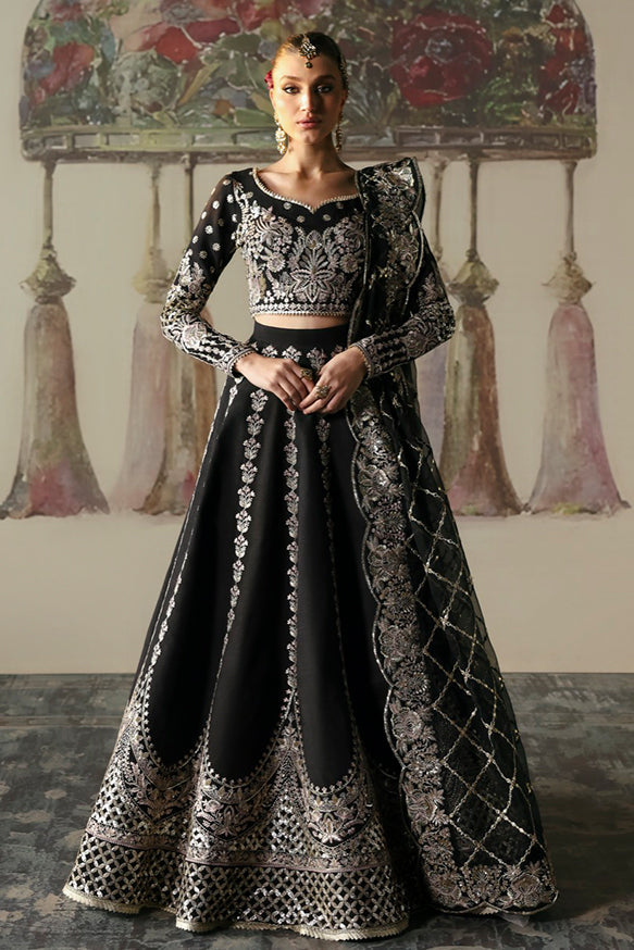 Afrozeh Divani Silk Edit 24 Husnara – Black Pakistani Dress with intricate embroidery and embellishments. Shop elegant Asian dresses at Maria Faisal.