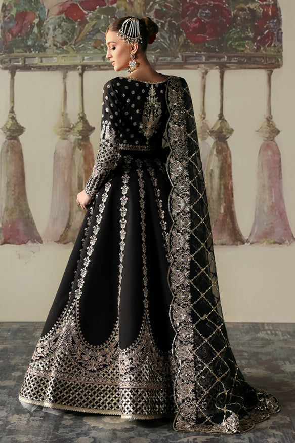 Afrozeh Divani Silk Edit 24 Husnara – Black Pakistani Dress with intricate embroidery and embellishments. Shop elegant Asian dresses at Maria Faisal.
