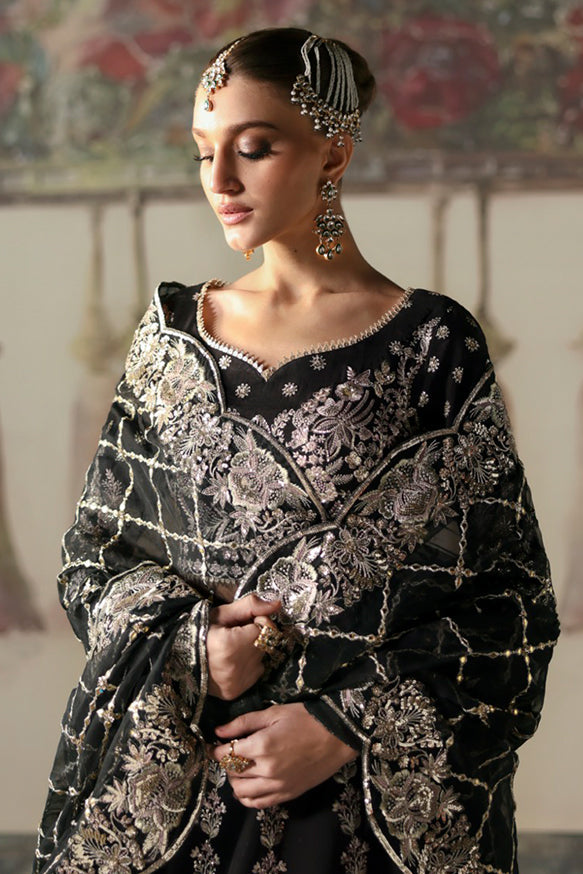 Afrozeh Divani Silk Edit 24 Husnara – Black Pakistani Dress with intricate embroidery and embellishments. Shop elegant Asian dresses at Maria Faisal.