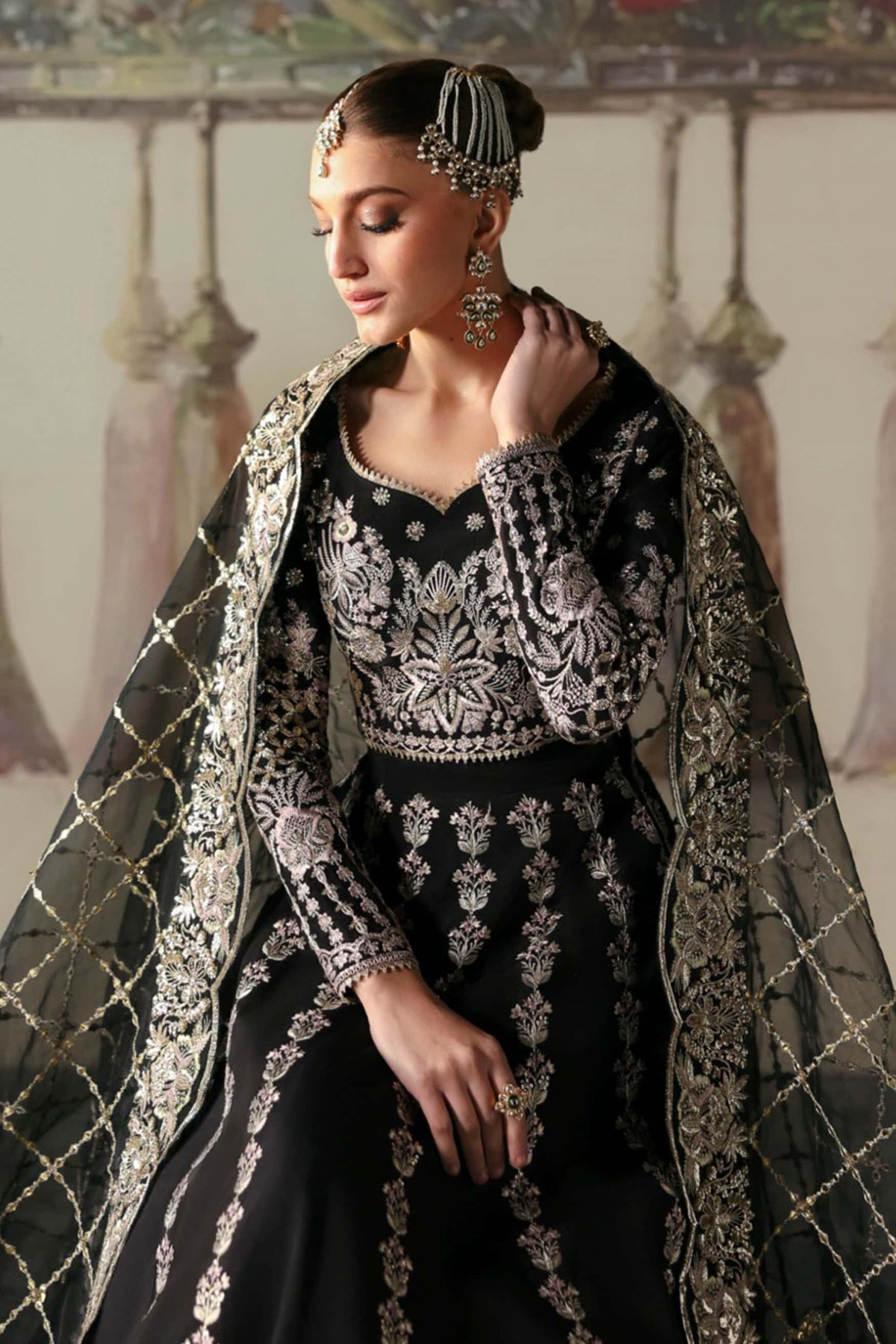 Afrozeh Divani Silk Edit 24 Husnara – Black Pakistani Dress with intricate embroidery and embellishments. Shop elegant Asian dresses at Maria Faisal.