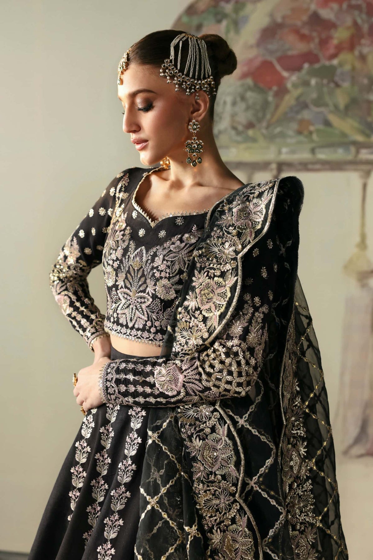 Afrozeh Divani Silk Edit 24 Husnara – Black Pakistani Dress with intricate embroidery and embellishments. Shop elegant Asian dresses at Maria Faisal.
