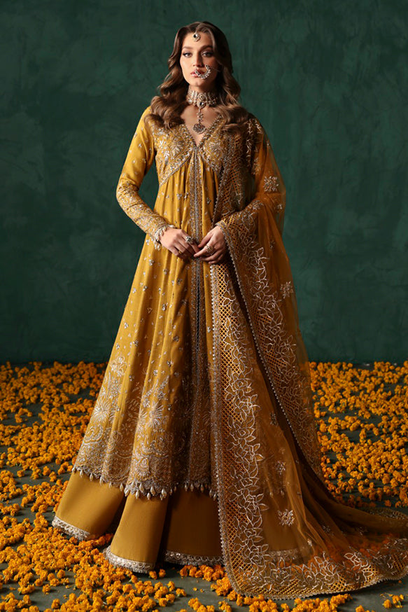 Afrozeh Divani Silk Edit 24 Jahanbano – Mustard/Gold Pakistani Dress with intricate embroidery and embellishments. Shop elegant Asian dresses at Maria Faisal.