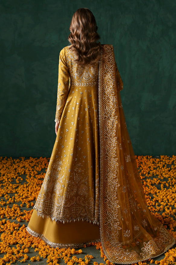 Afrozeh Divani Silk Edit 24 Jahanbano – Mustard/Gold Pakistani Dress with intricate embroidery and embellishments. Shop elegant Asian dresses at Maria Faisal.