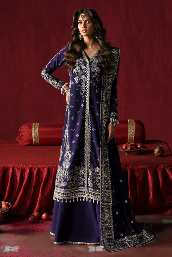 Afrozeh Divani Silk Edit 24 Kaneez – Purple Pakistani Dress with intricate embroidery and embellishments. Shop elegant Asian dresses at Maria Faisal.