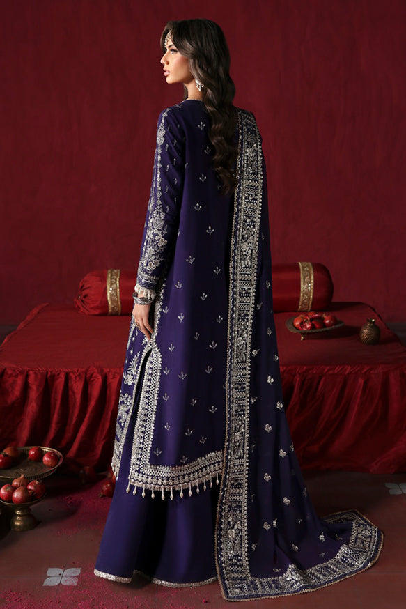 Afrozeh Divani Silk Edit 24 Kaneez – Purple Pakistani Dress with intricate embroidery and embellishments. Shop elegant Asian dresses at Maria Faisal.