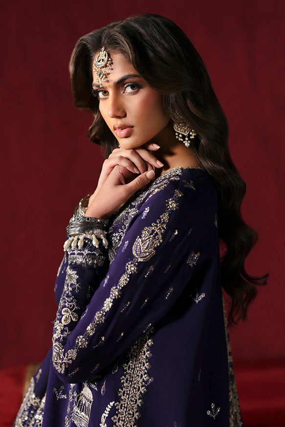 Afrozeh Divani Silk Edit 24 Kaneez – Purple Pakistani Dress with intricate embroidery and embellishments. Shop elegant Asian dresses at Maria Faisal.