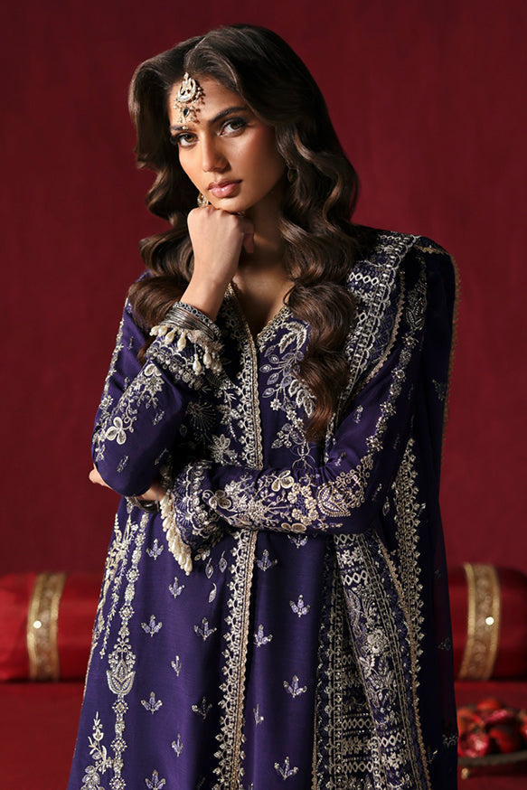 Afrozeh Divani Silk Edit 24 Kaneez – Purple Pakistani Dress with intricate embroidery and embellishments. Shop elegant Asian dresses at Maria Faisal.