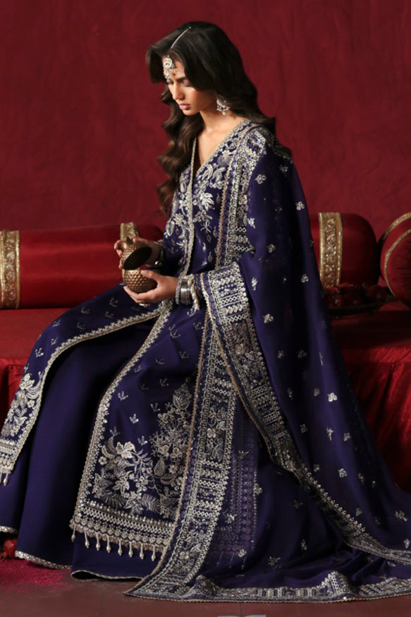 Afrozeh Divani Silk Edit 24 Kaneez – Purple Pakistani Dress with intricate embroidery and embellishments. Shop elegant Asian dresses at Maria Faisal.