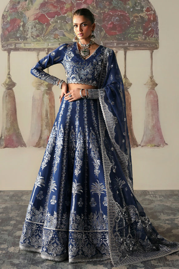 Afrozeh Divani Silk Edit 24 Nazli – Blue Pakistani Dress with intricate embroidery and embellishments. Shop elegant Asian dresses at Maria Faisal.