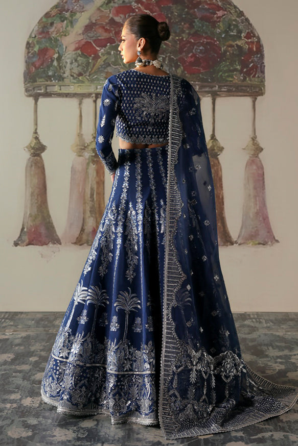 Afrozeh Divani Silk Edit 24 Nazli – Blue Pakistani Dress with intricate embroidery and embellishments. Shop elegant Asian dresses at Maria Faisal.