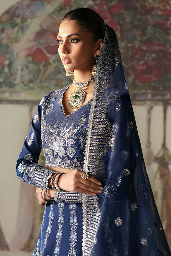 Afrozeh Divani Silk Edit 24 Nazli – Blue Pakistani Dress with intricate embroidery and embellishments. Shop elegant Asian dresses at Maria Faisal.