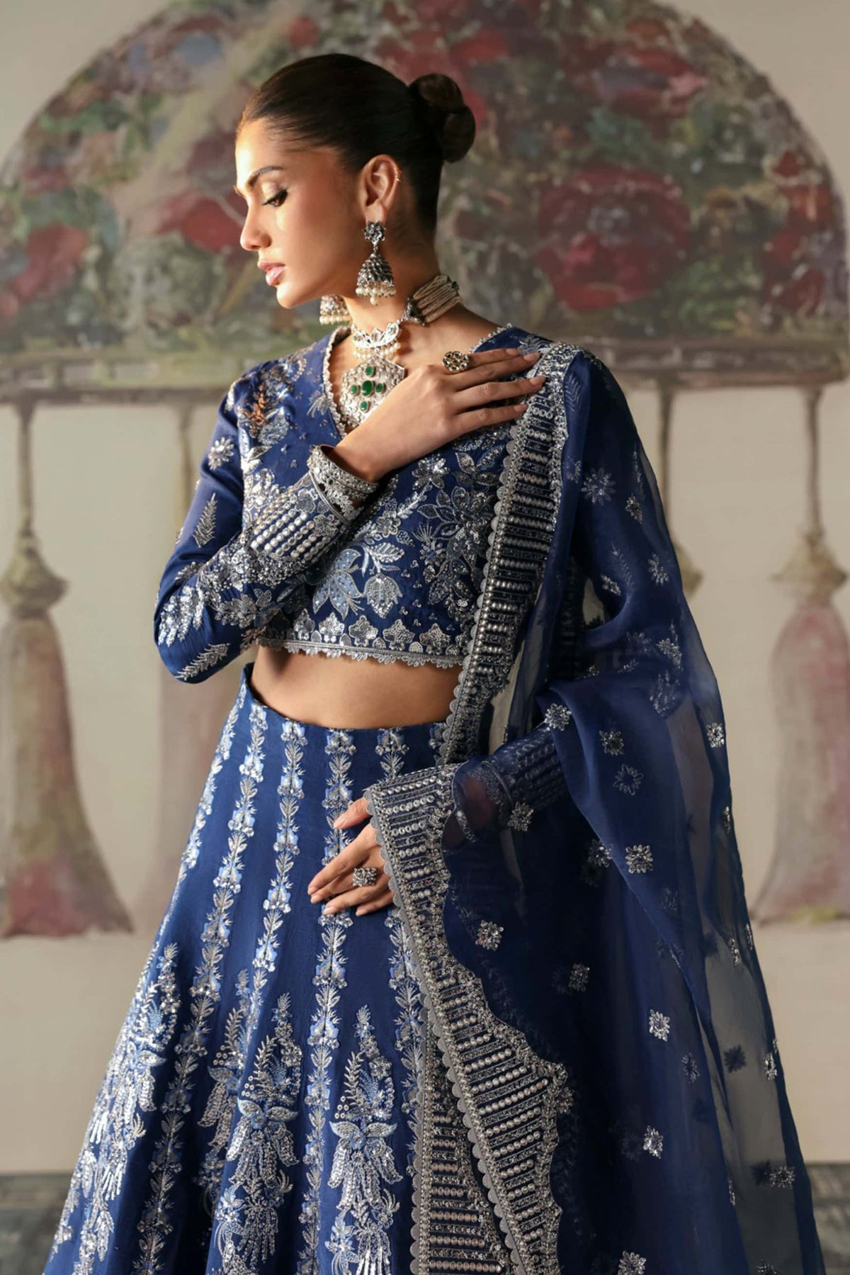 Afrozeh Divani Silk Edit 24 Nazli – Blue Pakistani Dress with intricate embroidery and embellishments. Shop elegant Asian dresses at Maria Faisal.