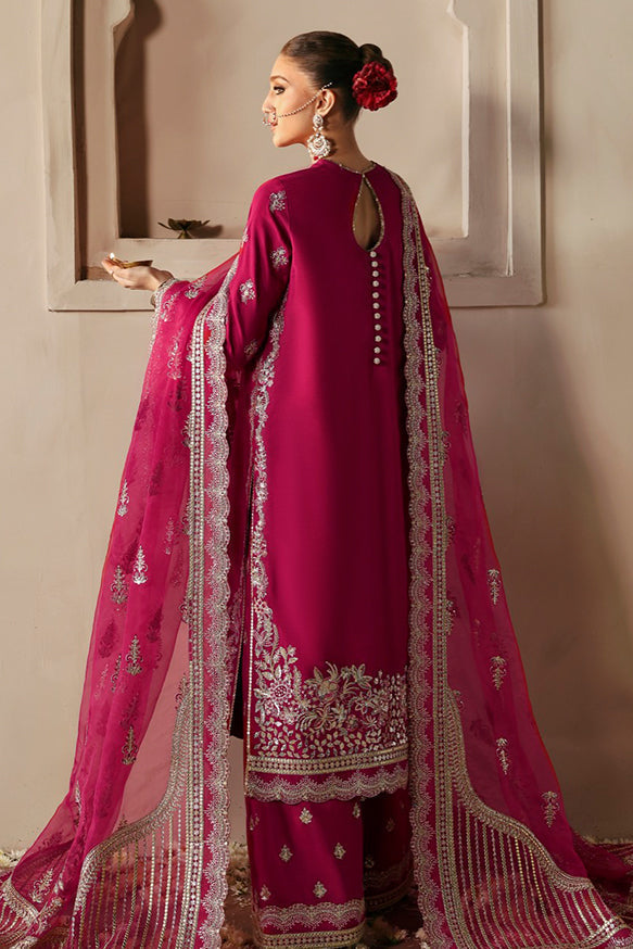 Afrozeh Divani Silk Edit 24 Shabana – Burgundy Pakistani Dress with intricate embroidery and embellishments. Shop elegant Asian dresses at Maria Faisal.