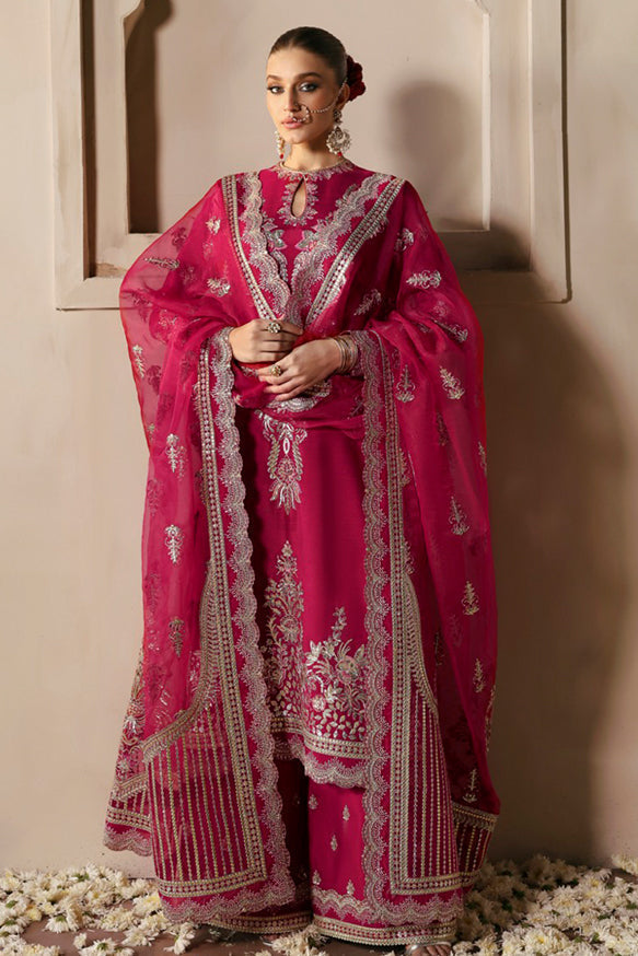 Afrozeh Divani Silk Edit 24 Shabana – Burgundy Pakistani Dress with intricate embroidery and embellishments. Shop elegant Asian dresses at Maria Faisal.