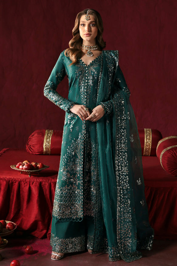 Afrozeh Divani Silk Edit 24 Shahnisa – Bottle Green Pakistani Dress with intricate embroidery and embellishments. Shop elegant Asian dresses at Maria Faisal.