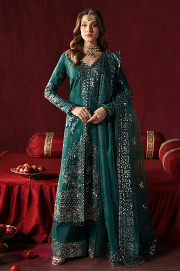 Afrozeh Divani Silk Edit 24 Shahnisa – Bottle Green Pakistani Dress with intricate embroidery and embellishments. Shop elegant Asian dresses at Maria Faisal.
