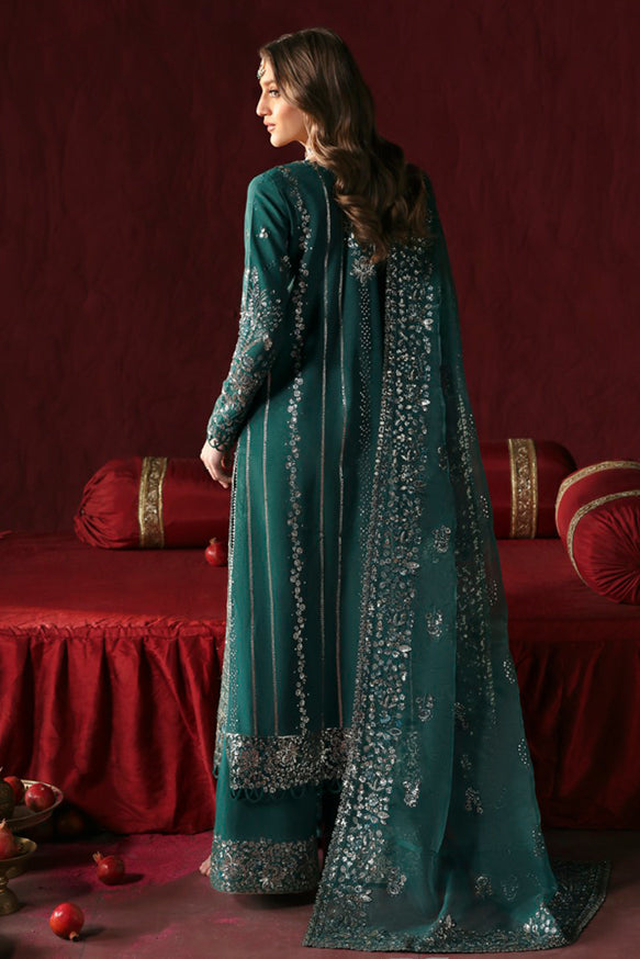 Afrozeh Divani Silk Edit 24 Shahnisa – Bottle Green Pakistani Dress with intricate embroidery and embellishments. Shop elegant Asian dresses at Maria Faisal.
