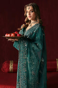 Afrozeh Divani Silk Edit 24 Shahnisa – Bottle Green Pakistani Dress with intricate embroidery and embellishments. Shop elegant Asian dresses at Maria Faisal.