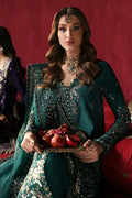 Afrozeh Divani Silk Edit 24 Shahnisa – Bottle Green Pakistani Dress with intricate embroidery and embellishments. Shop elegant Asian dresses at Maria Faisal.