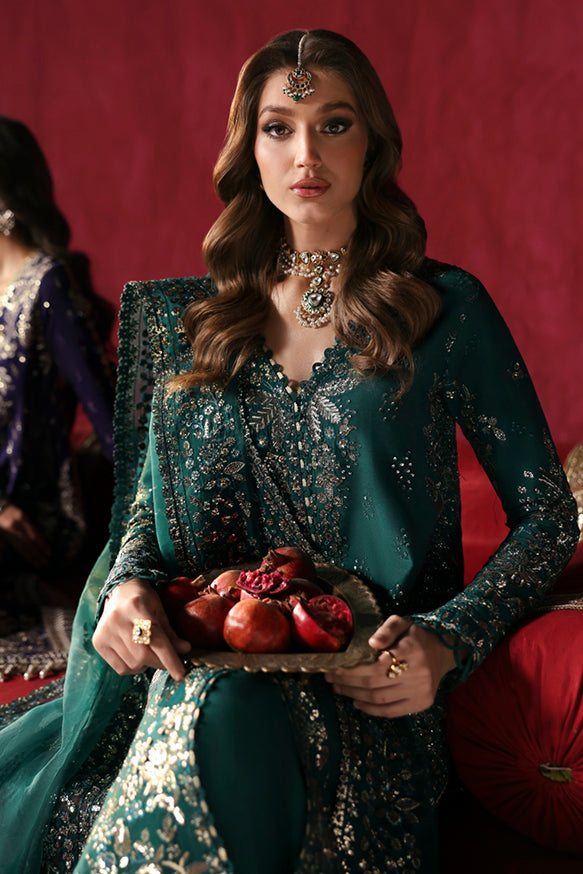 Afrozeh Divani Silk Edit 24 Shahnisa – Bottle Green Pakistani Dress with intricate embroidery and embellishments. Shop elegant Asian dresses at Maria Faisal.