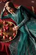 Afrozeh Divani Silk Edit 24 Shahnisa – Bottle Green Pakistani Dress with intricate embroidery and embellishments. Shop elegant Asian dresses at Maria Faisal.