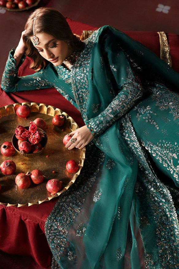 Afrozeh Divani Silk Edit 24 Shahnisa – Bottle Green Pakistani Dress with intricate embroidery and embellishments. Shop elegant Asian dresses at Maria Faisal.