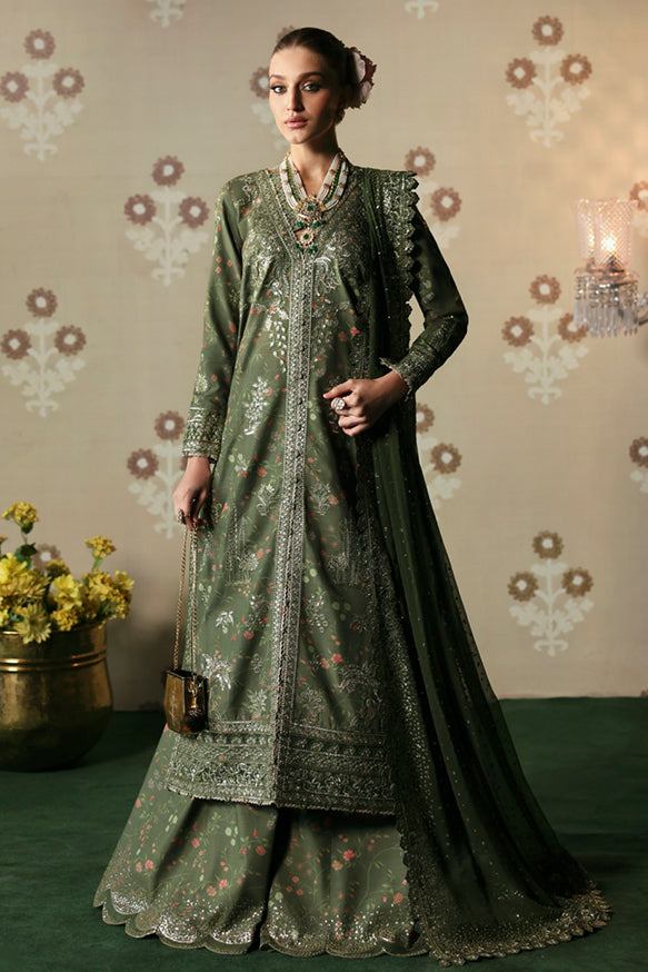 Afrozeh Divani Silk Edit 24 Zeba – Olive Green Pakistani Dress with intricate embroidery and embellishments. Shop elegant Asian dresses at Maria Faisal.