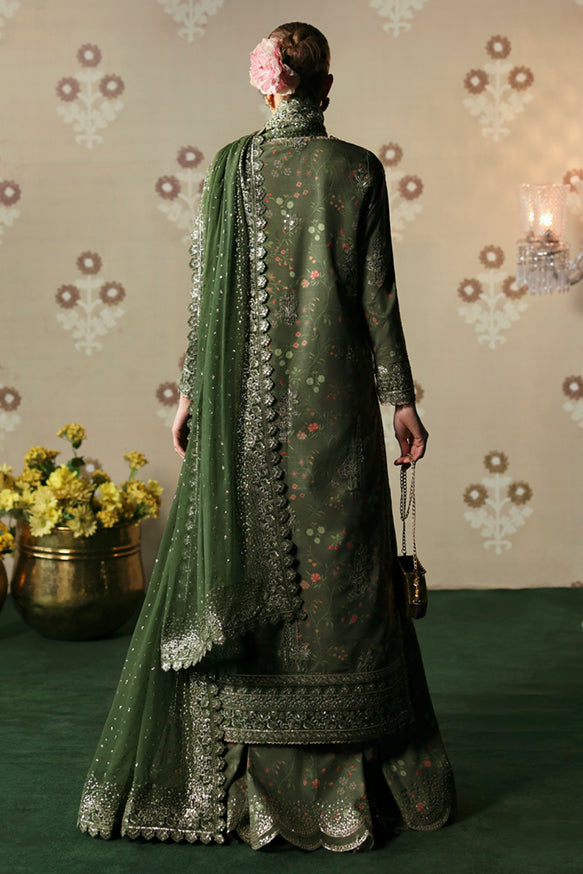 Afrozeh Divani Silk Edit 24 Zeba – Olive Green Pakistani Dress with intricate embroidery and embellishments. Shop elegant Asian dresses at Maria Faisal.