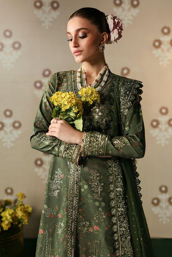 Afrozeh Divani Silk Edit 24 Zeba – Olive Green Pakistani Dress with intricate embroidery and embellishments. Shop elegant Asian dresses at Maria Faisal.