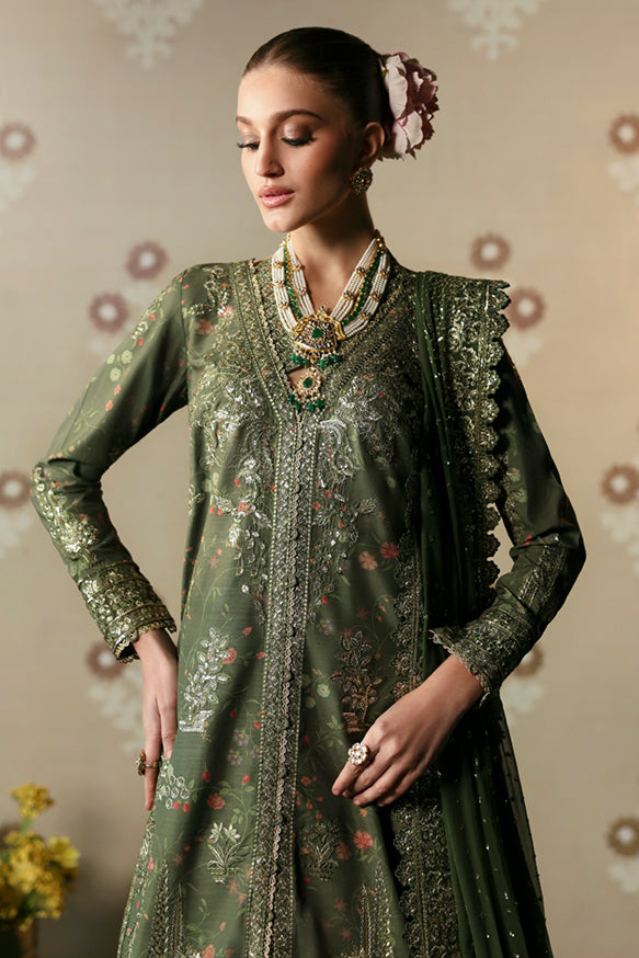 Afrozeh Divani Silk Edit 24 Zeba – Olive Green Pakistani Dress with intricate embroidery and embellishments. Shop elegant Asian dresses at Maria Faisal.