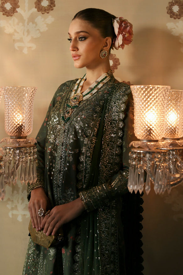 Afrozeh Divani Silk Edit 24 Zeba – Olive Green Pakistani Dress with intricate embroidery and embellishments. Shop elegant Asian dresses at Maria Faisal.