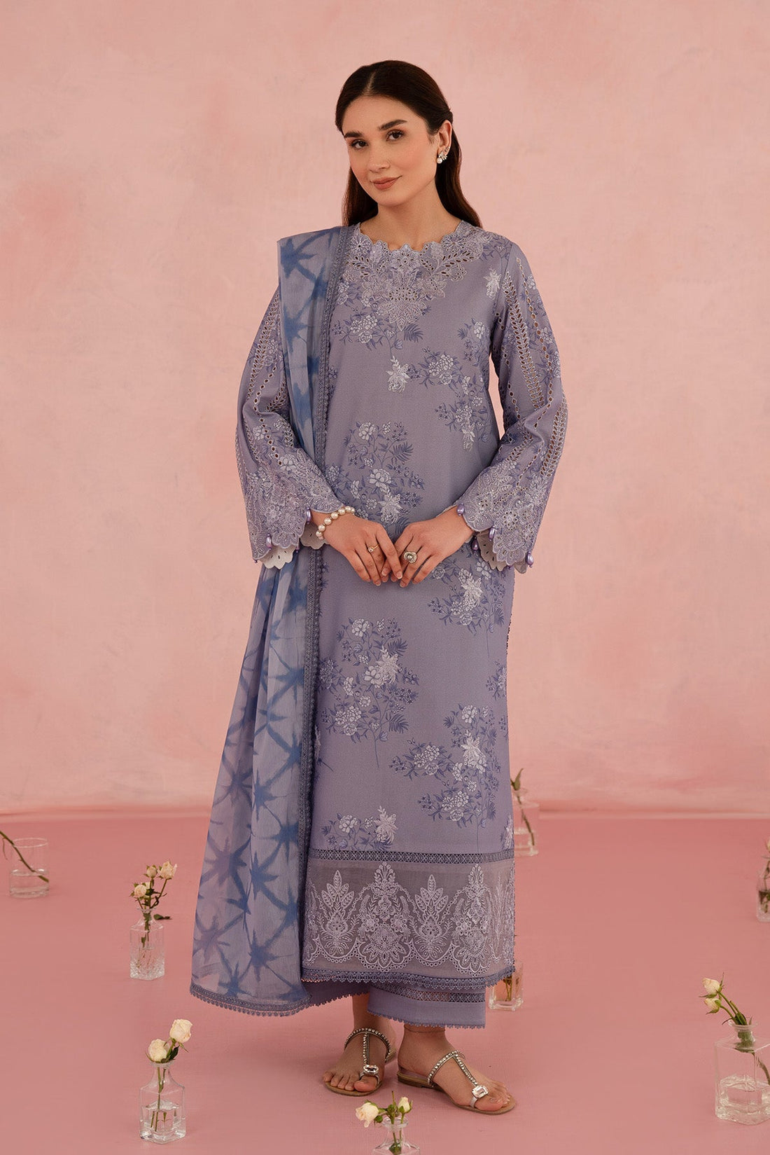 Afrozeh Floral Charm 25 Columbine – Grey Pakistani Dress with intricate embroidery and embellishments. Shop elegant Asian dresses at Maria Faisal.