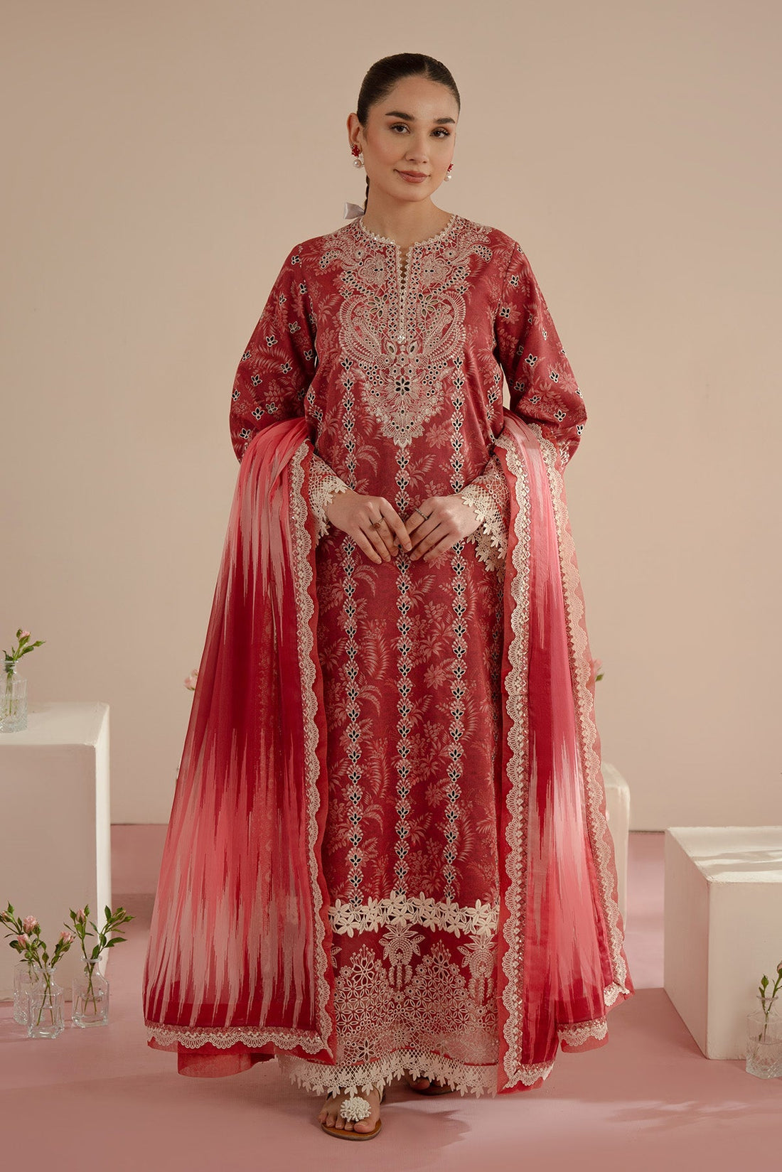 Afrozeh Floral Charm 25 Daina – Red Pakistani Dress with intricate embroidery and embellishments. Shop elegant Asian dresses at Maria Faisal.