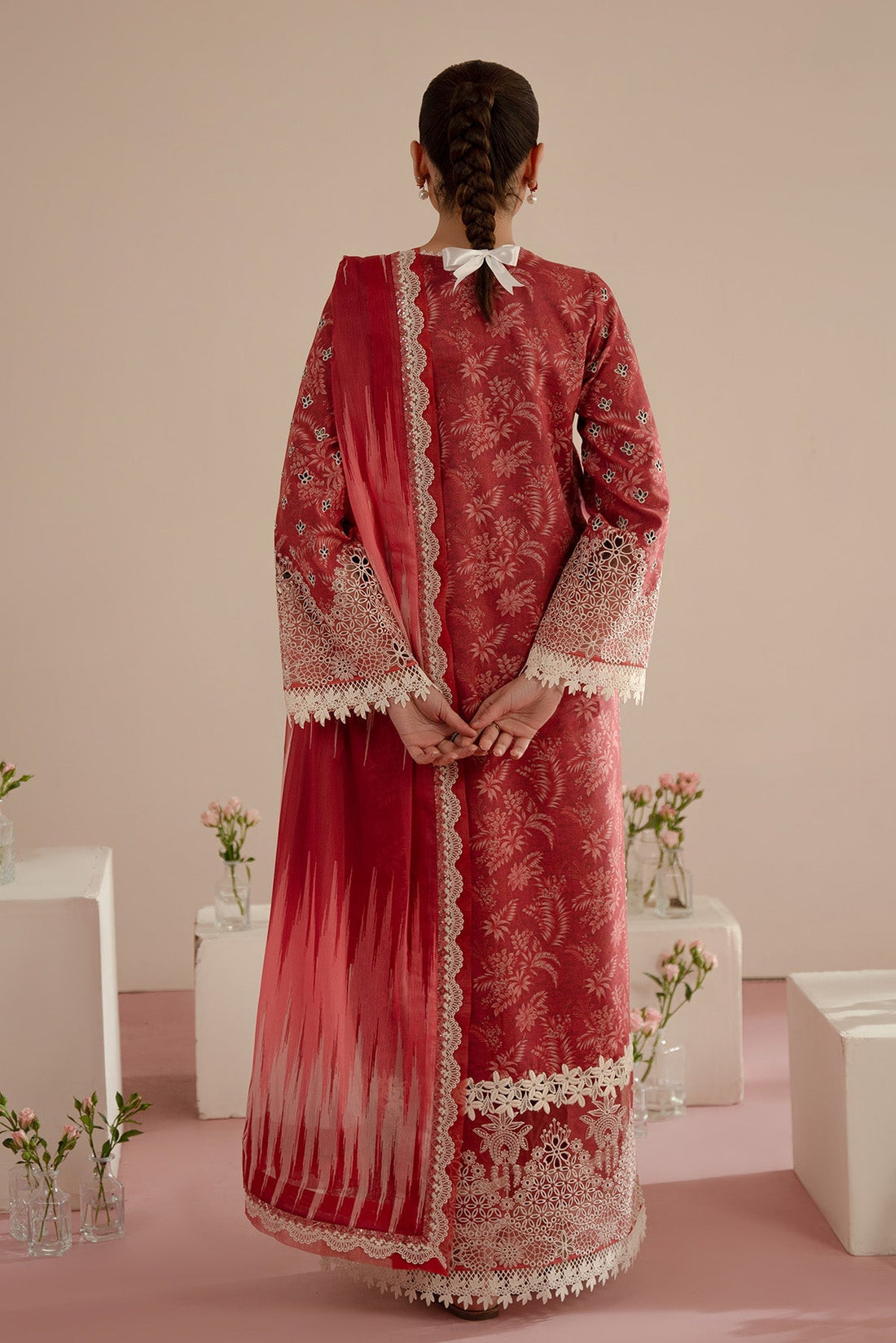 Afrozeh Floral Charm 25 Daina – Red Pakistani Dress with intricate embroidery and embellishments. Shop elegant Asian dresses at Maria Faisal.