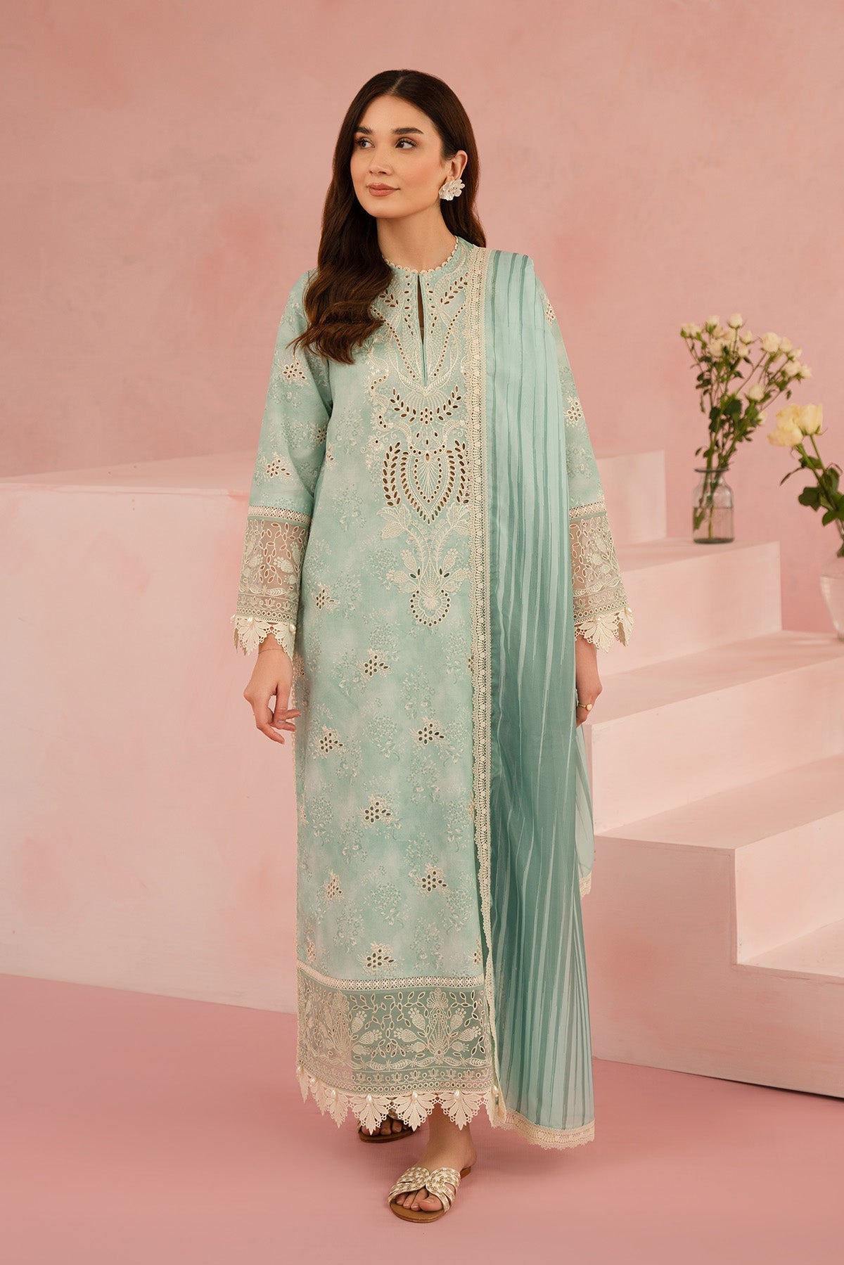Afrozeh Floral Charm 25 Leonora – Apple Green Pakistani Dress with intricate embroidery and embellishments. Shop elegant Asian dresses at Maria Faisal.