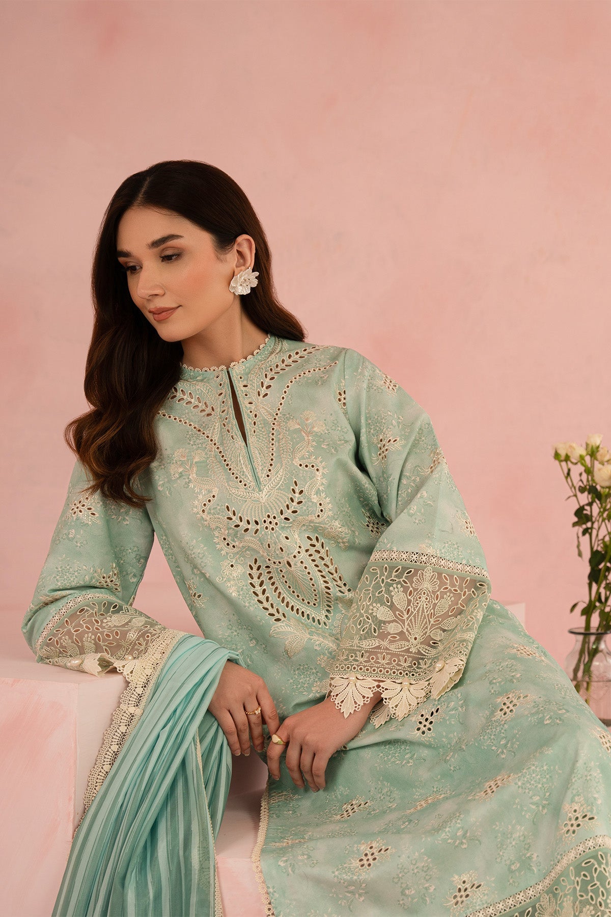 Afrozeh Floral Charm 25 Leonora – Apple Green Pakistani Dress with intricate embroidery and embellishments. Shop elegant Asian dresses at Maria Faisal.