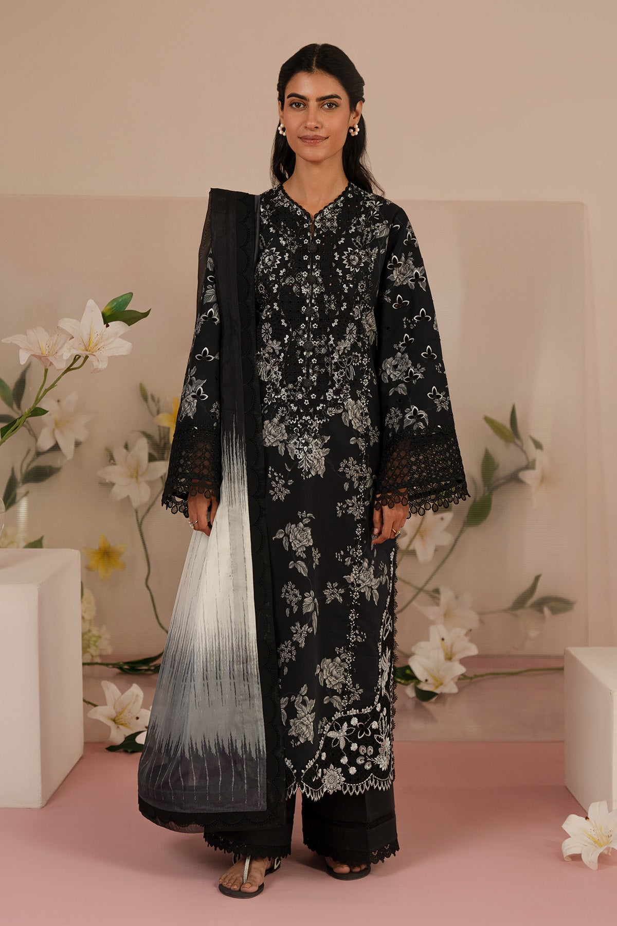 Afrozeh Floral Charm 25 Lupine – Black Pakistani Dress with intricate embroidery and embellishments. Shop elegant Asian dresses at Maria Faisal.