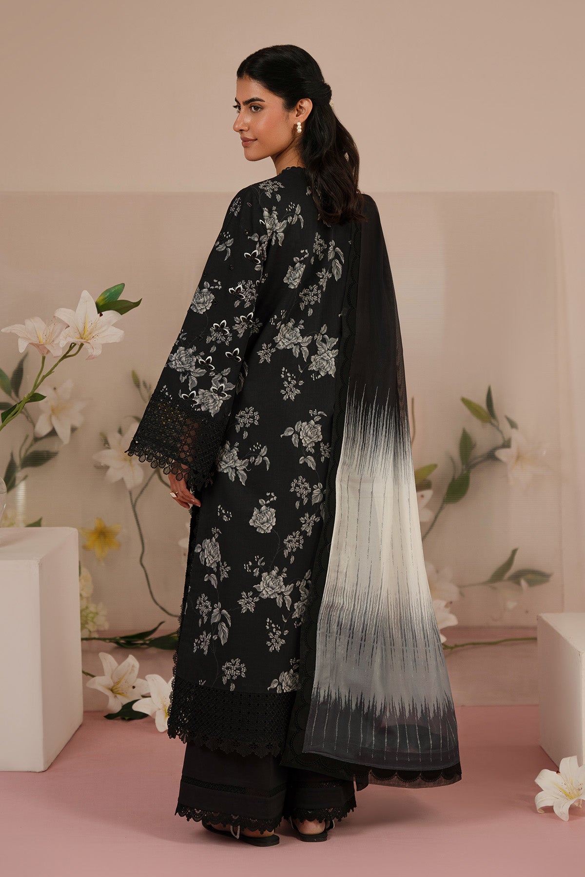 Afrozeh Floral Charm 25 Lupine – Black Pakistani Dress with intricate embroidery and embellishments. Shop elegant Asian dresses at Maria Faisal.